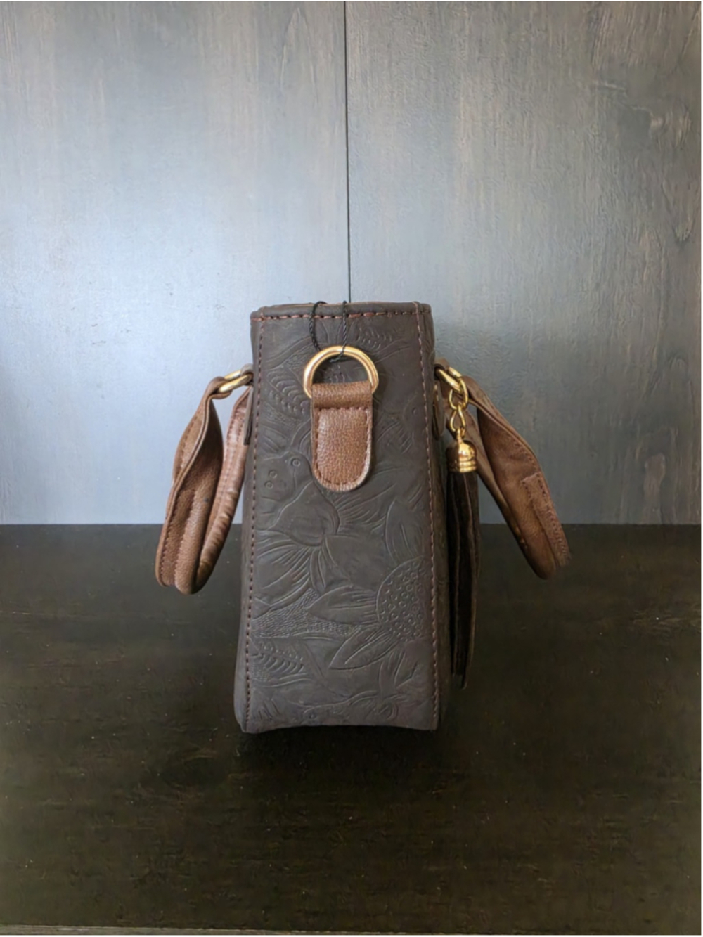 Dark Brown Tasseled Floral Embossed Tooled Artisan LEATHER Crossbody Purse Bag - Picture 7 of 16